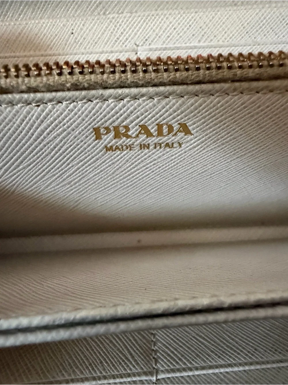 PRADA White Saffiano Leather Long Zippy Wallet w/Unbranded Gold Wristlet Chain